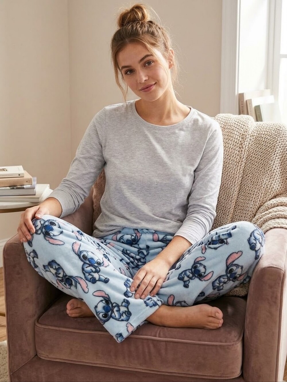 Disney Light Blue Stitch Fleece Pajama Bottoms with Pink Ears